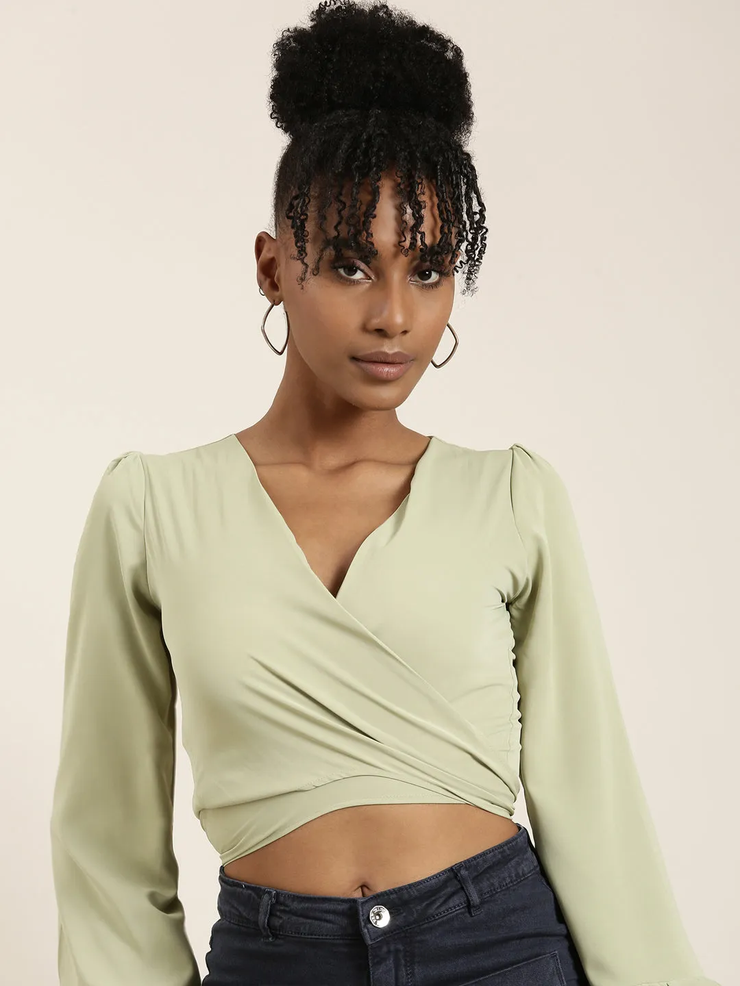 Chill Comfort Women's Sea Green Flared Sleeve Wrap Crop Top