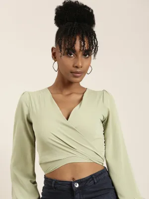 Chill Comfort Women's Sea Green Flared Sleeve Wrap Crop Top