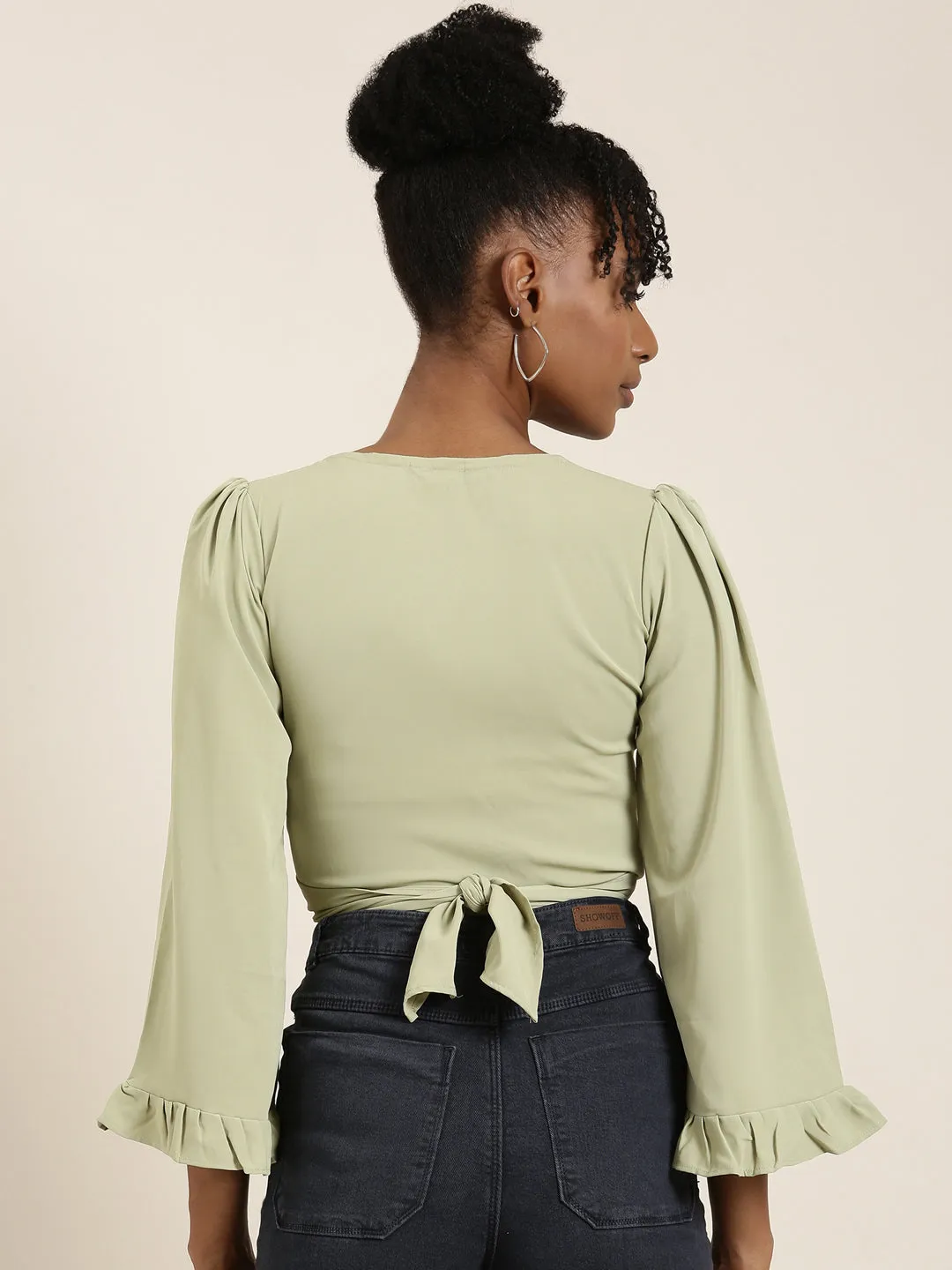 Women's Sea Green Flared Sleeve Wrap Crop Top regular but not boring