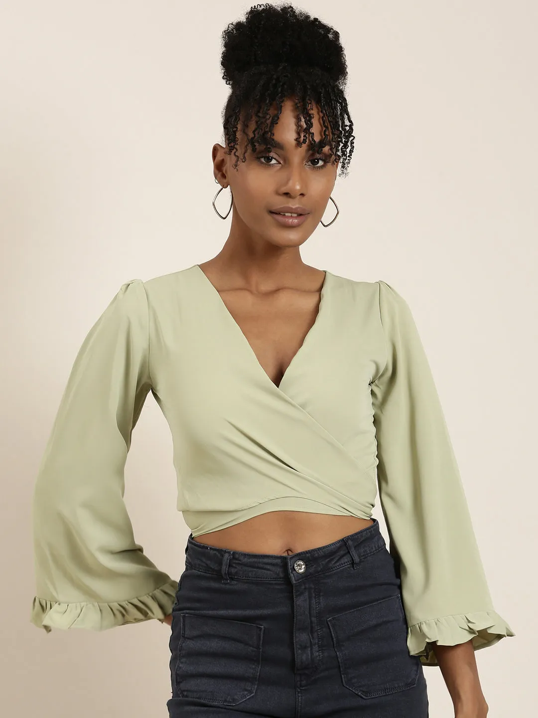Moisture Control Fabric Women's Sea Green Flared Sleeve Wrap Crop Top