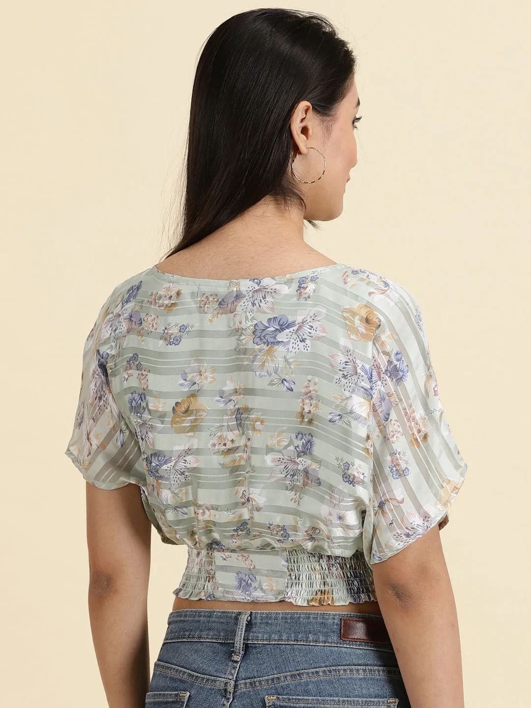 Women's Sea Green Floral Printed Smocked Cinched Waist Crop Top Easy Layering