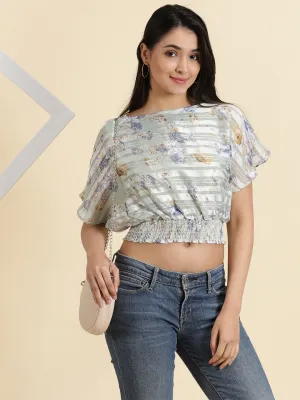 Women's Sea Green Floral Printed Smocked Cinched Waist Crop Top Breathable Comfort Design Active Wearable