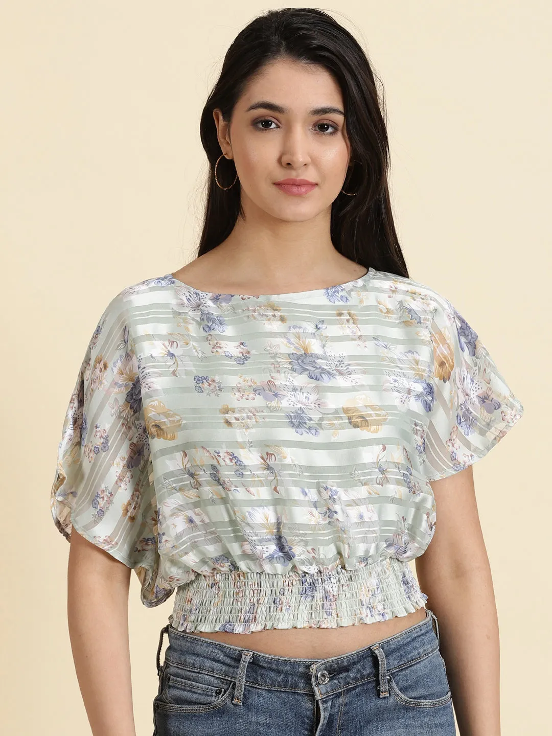 Modern Trend Look Women's Sea Green Floral Printed Smocked Cinched Waist Crop Top