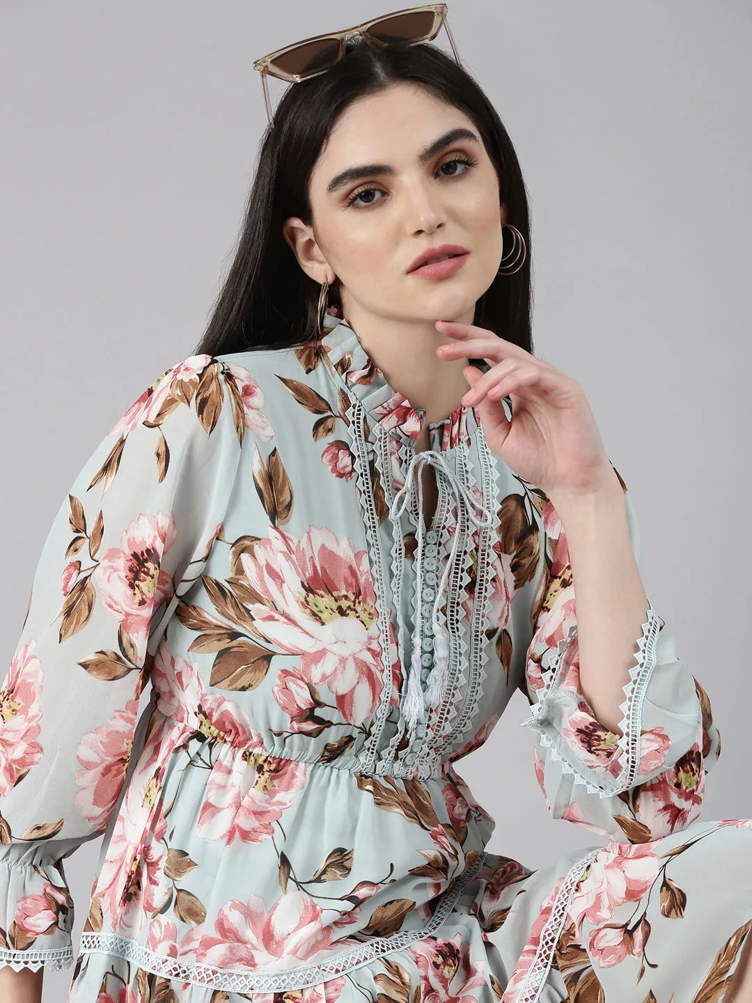 Women's Sea Green Floral Printed Tie-Up Neck Fit and Flare Dress Lightweight Layer AdjustableStraps