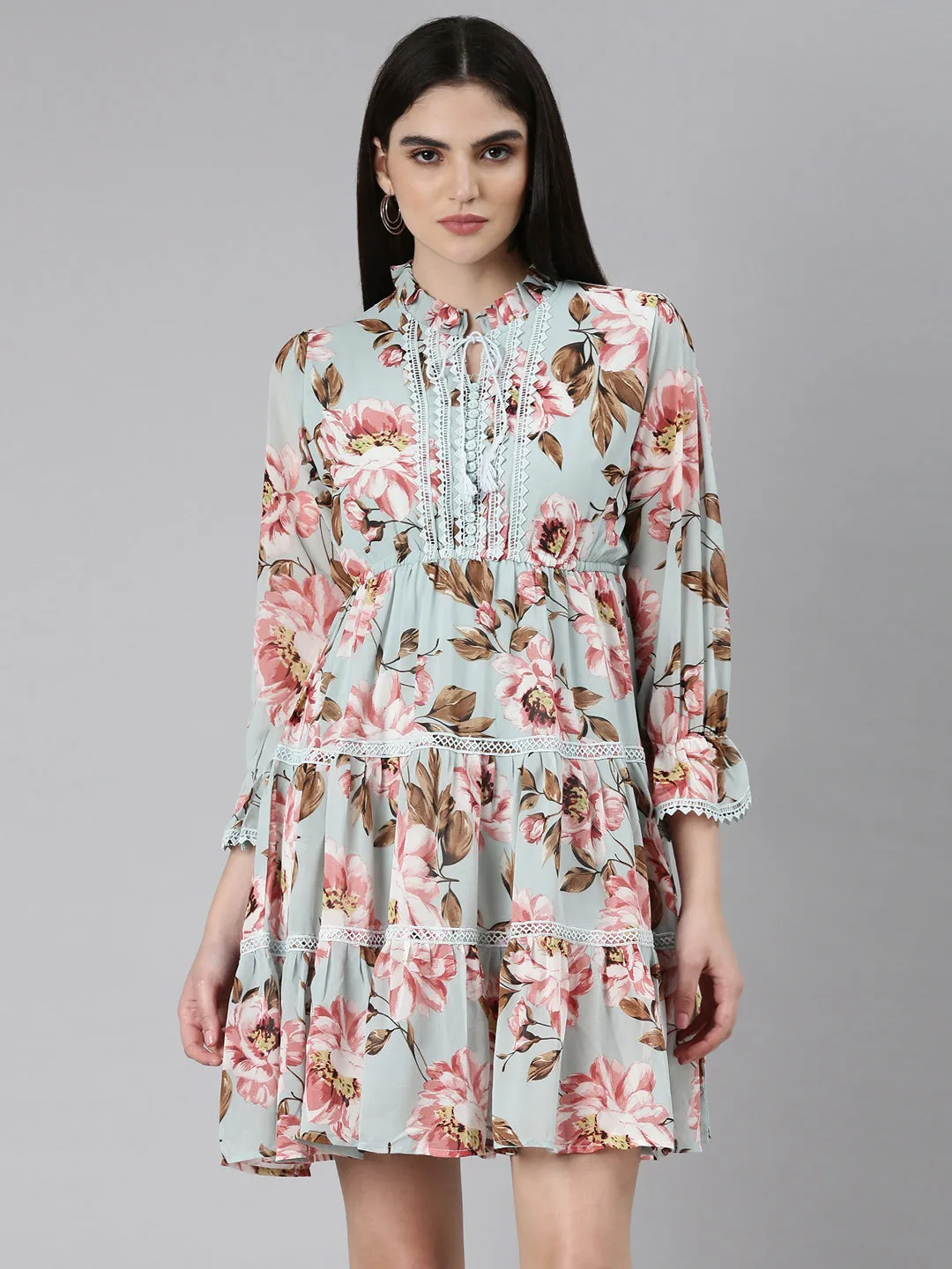 Vacation Vibe Formal Aura Women's Sea Green Floral Printed Tie-Up Neck Fit and Flare Dress