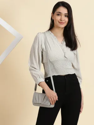 Casual Flex Fit Women's Sea Green Polka Dots Printed Crepe Crop Cinched Waist Top