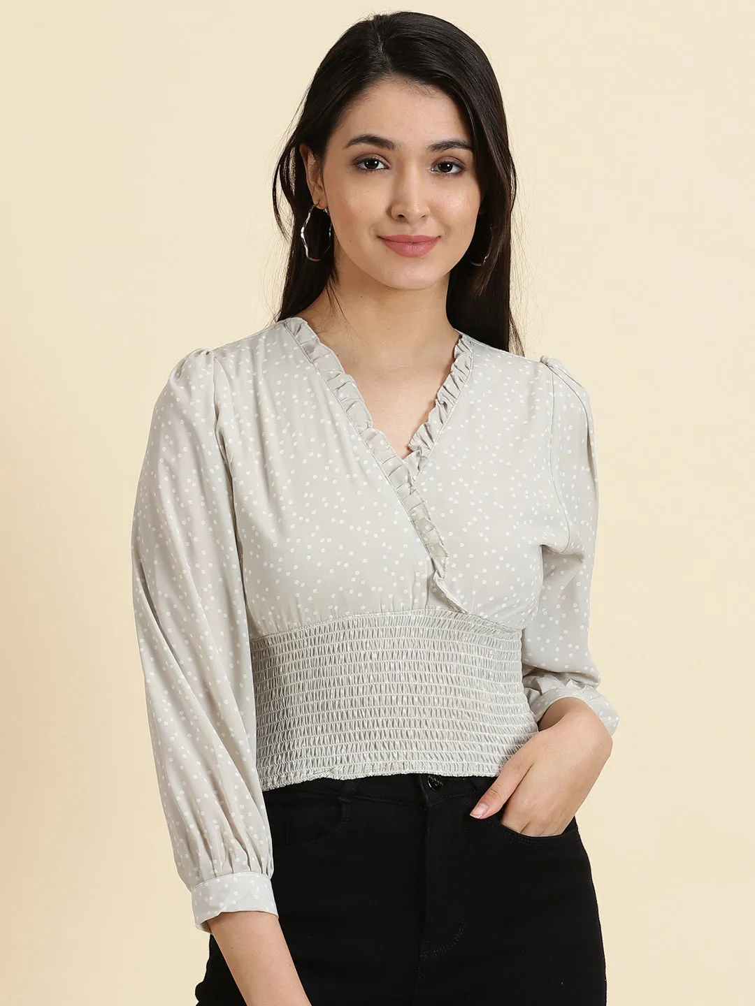 Women's Sea Green Polka Dots Printed Crepe Crop Cinched Waist Top Hygroscopic Fiber