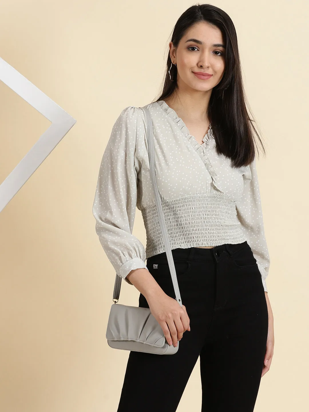 Casual Flex Fit Women's Sea Green Polka Dots Printed Crepe Crop Cinched Waist Top