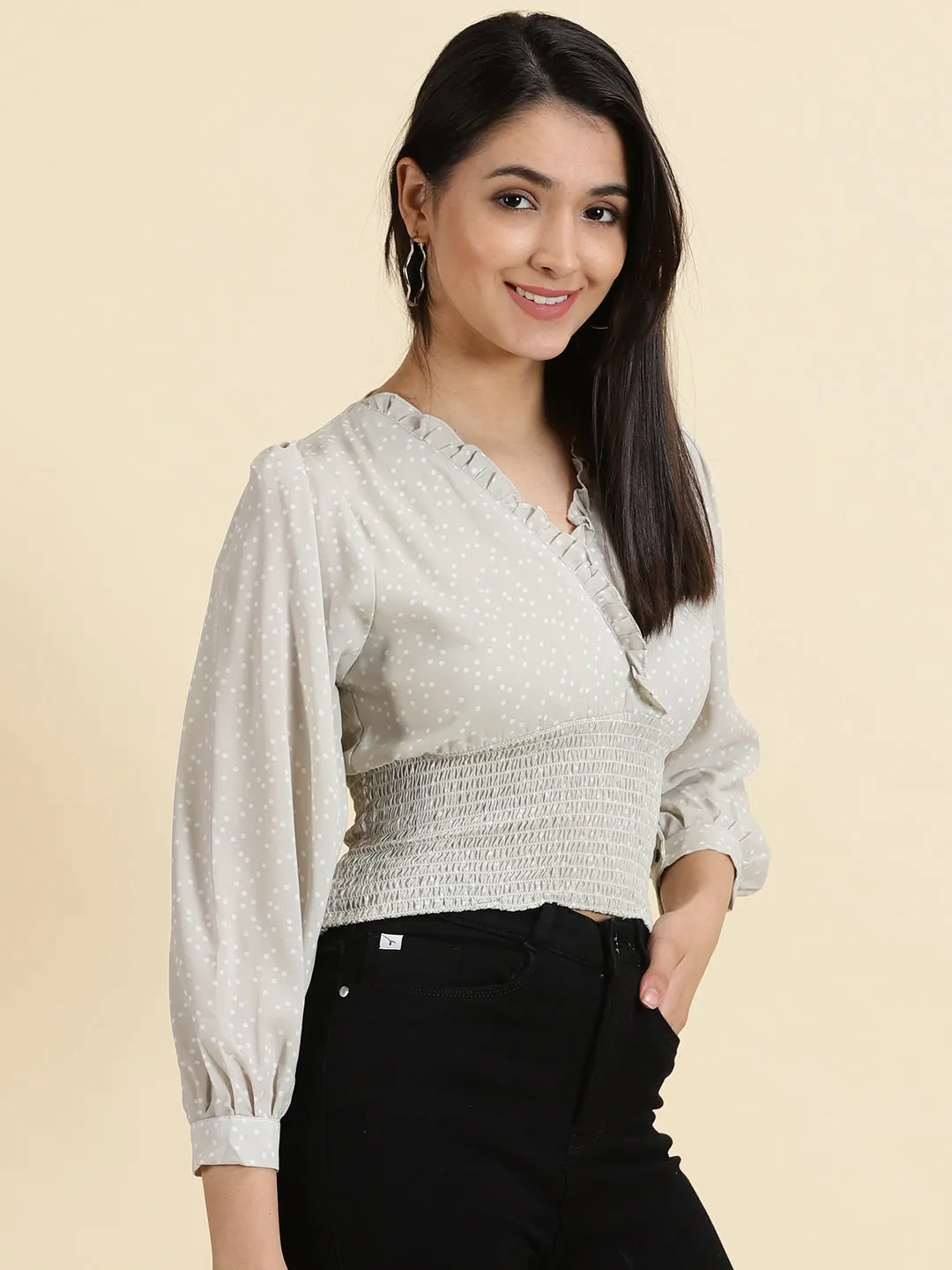 Women's Sea Green Polka Dots Printed Crepe Crop Cinched Waist Top Everyday Look Customizable