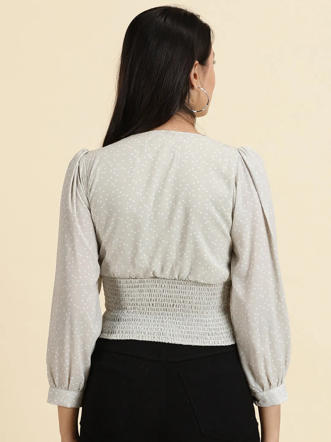 Women's Sea Green Polka Dots Printed Crepe Crop Cinched Waist Top Abstract mystery Moisture Management Technology