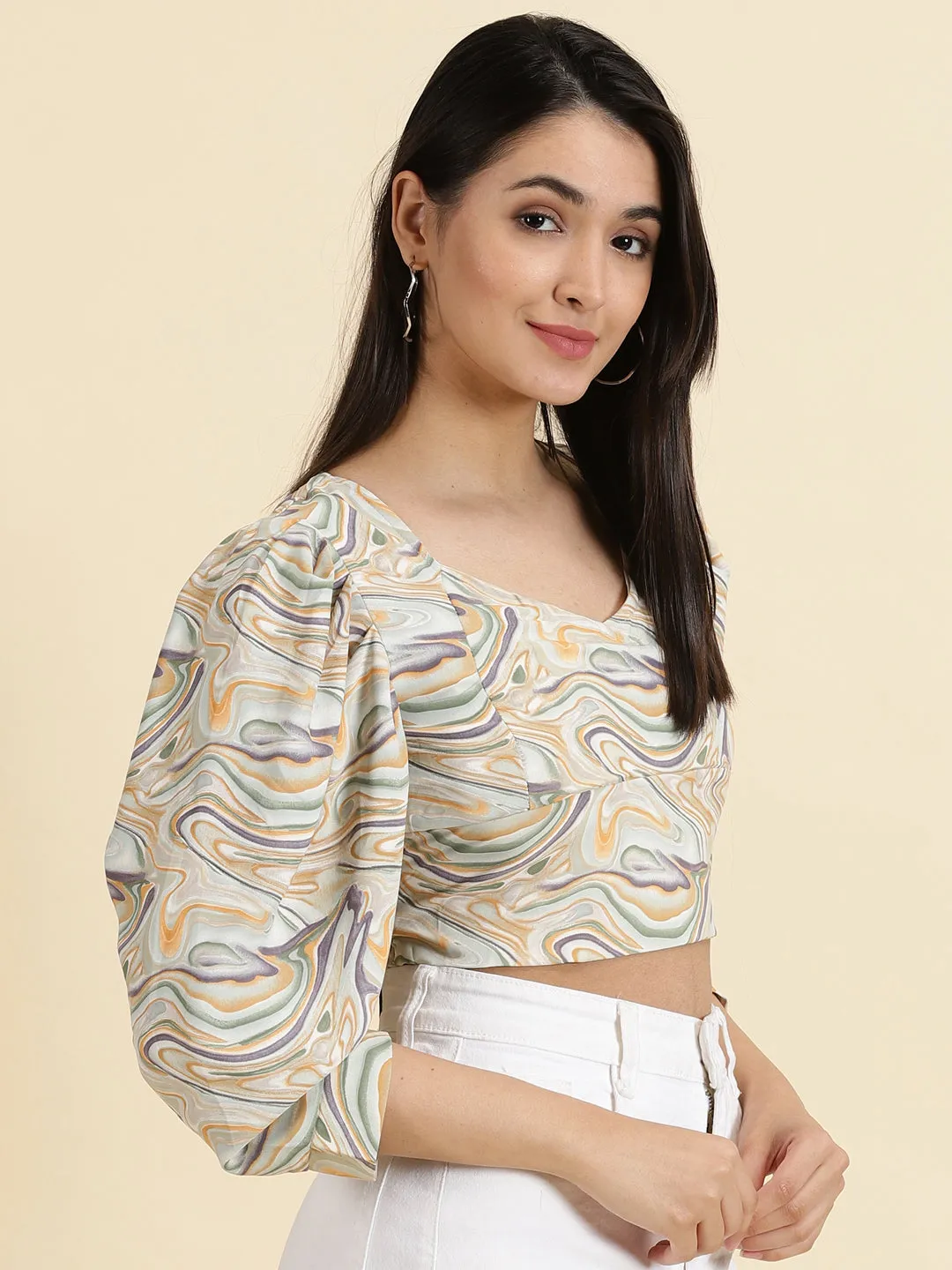 Layered Sleeve Construction Women's Sea Green Printed Crop Top