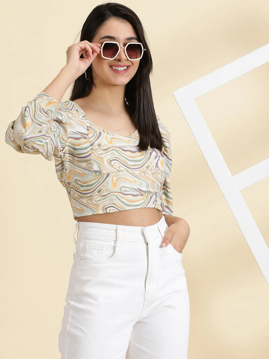 Sustainable Versatile Fit Women's Sea Green Printed Crop Top