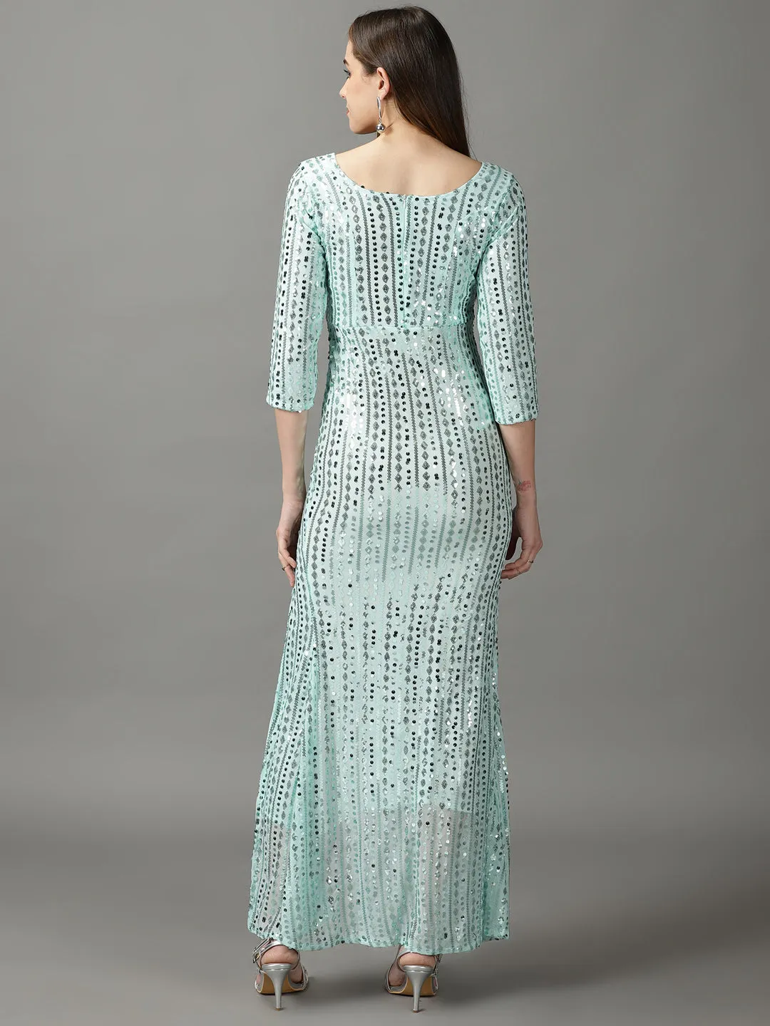 Women's Sea Green Round Neck Net Sheath Maxi Dress Travel-friendly Go To Wear