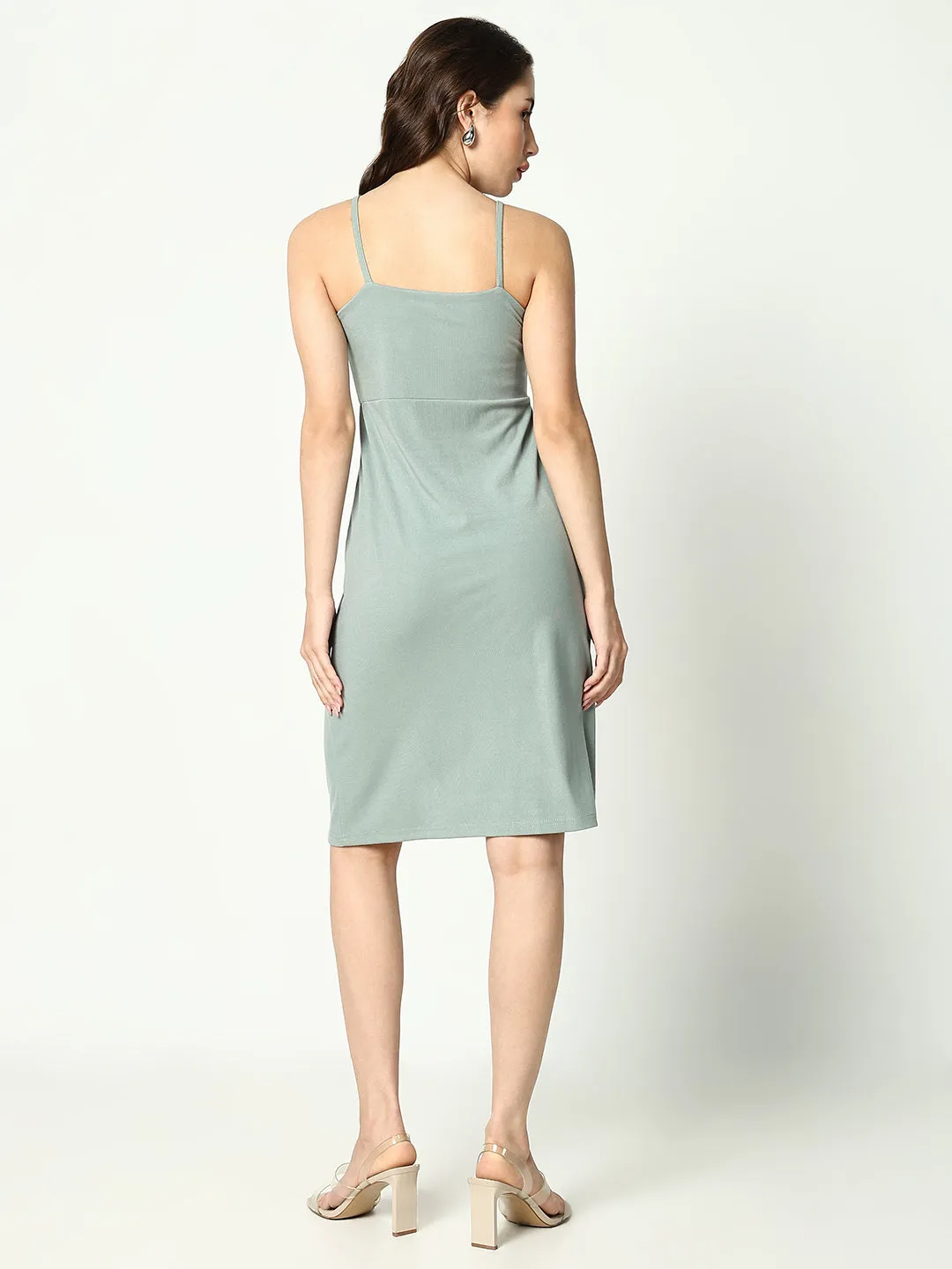 Lounge Fit Warm Season Women's Sea Green Shoulder Straps Gathered Detailed Cotton Sheath Dress