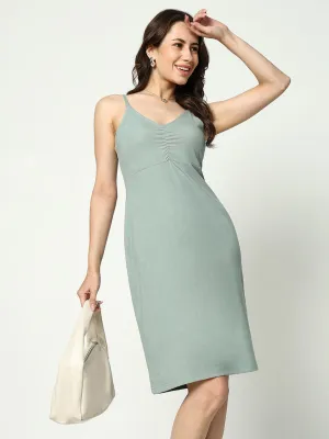 Soft Weave Day Magic Women's Sea Green Shoulder Straps Gathered Detailed Cotton Sheath Dress