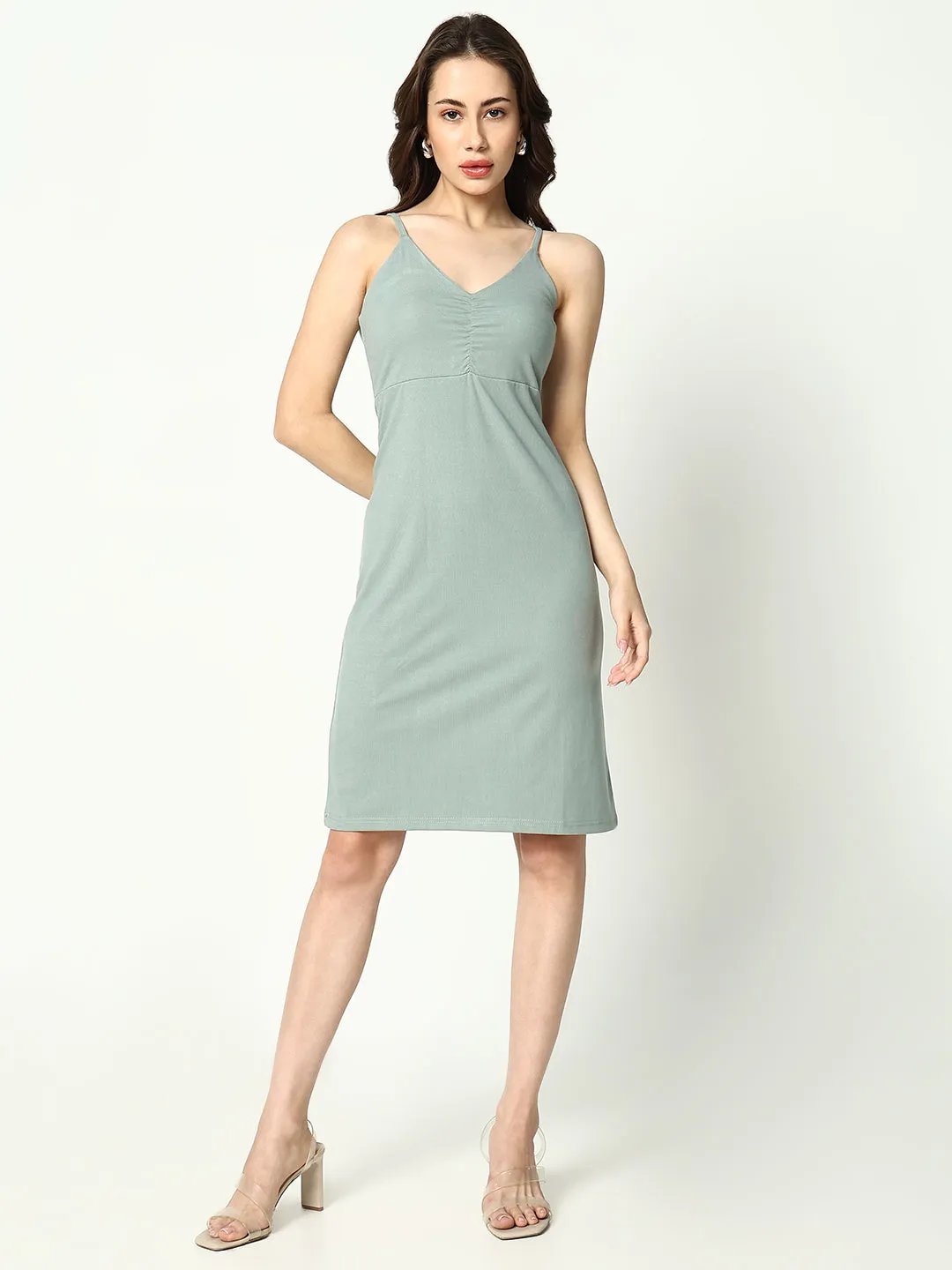 Women's Sea Green Shoulder Straps Gathered Detailed Cotton Sheath Dress Perfect Layer Sister Charm