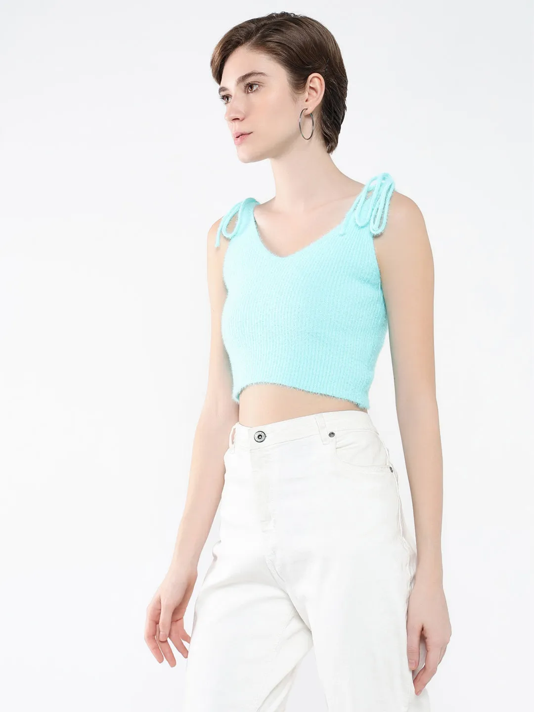 Women's Sea Green Solid V-Neck Acrylic Top Sporty Design