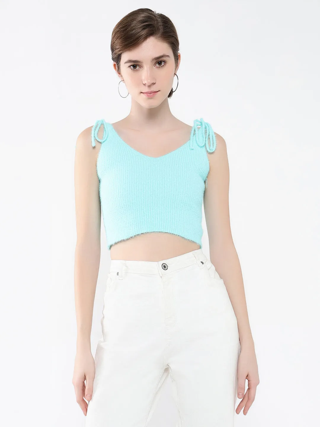 Women's Sea Green Solid V-Neck Acrylic Top Ultra Soft Blend Chilly Day Wear