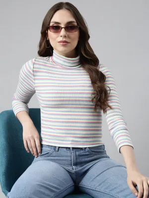 Chilly Day Wear BreathableMaterial Women's Sea Green Striped Fitted Top