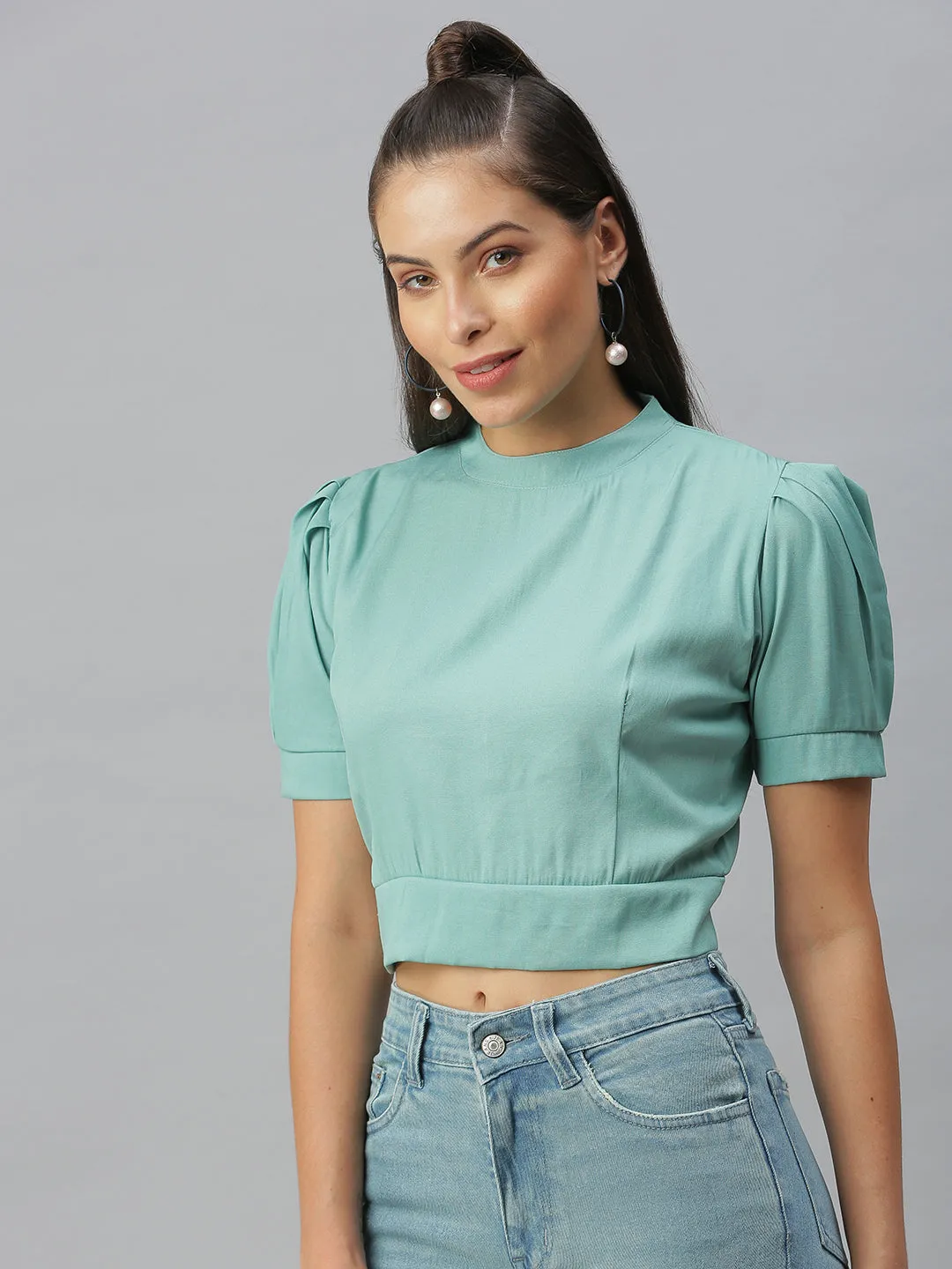 UV protected Women's Sea Green Styled Back Crop Top