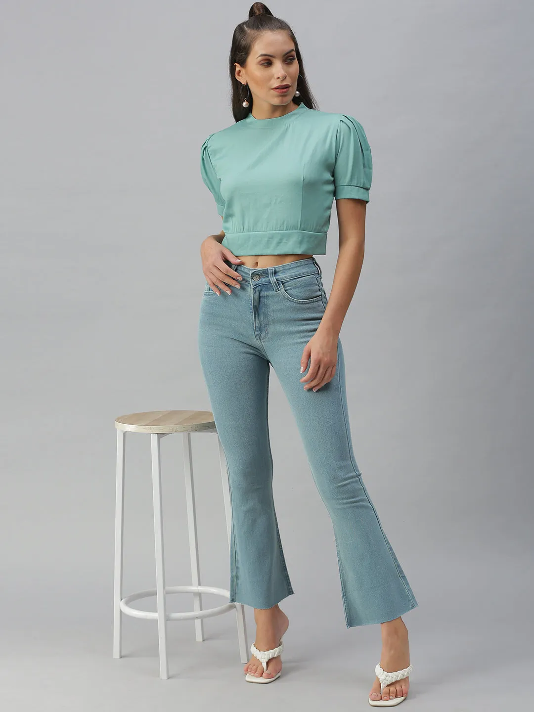 Sporty Layers Relaxed Wear Women's Sea Green Styled Back Crop Top