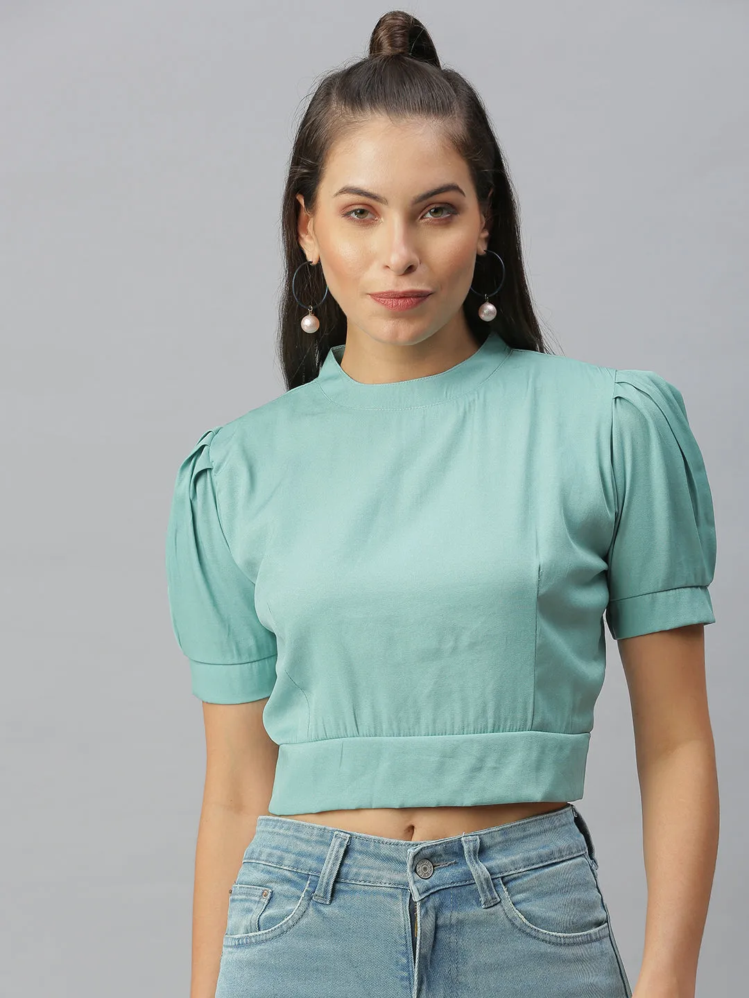 Cool and casual Women's Sea Green Styled Back Crop Top
