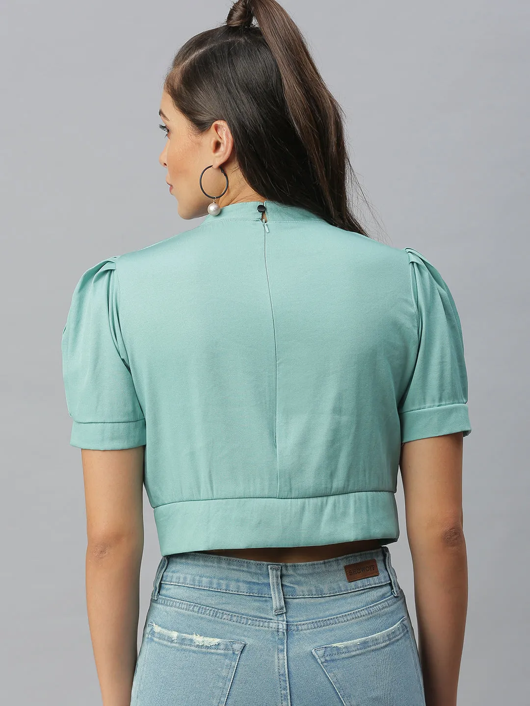 NonIronTechnology Women's Sea Green Styled Back Crop Top