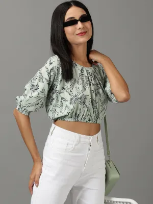 Streetwear Style Women's Sea Green Tropical Printed Puff Sleeves Blouson Crop Top