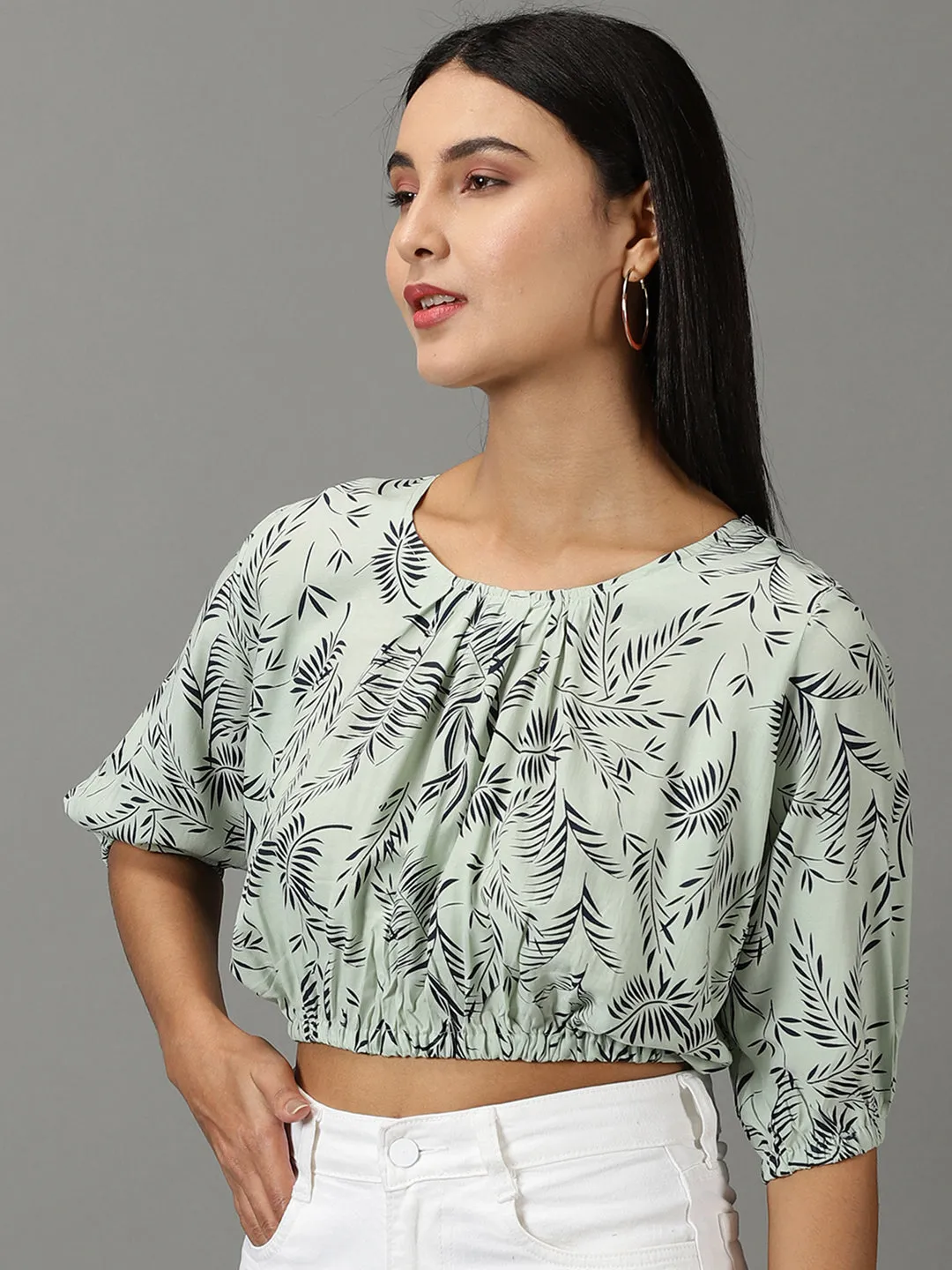 Women's Sea Green Tropical Printed Puff Sleeves Blouson Crop Top athletic style