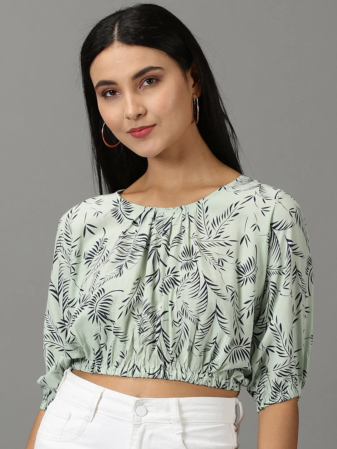 cotton material Cozy Wardrobe Women's Sea Green Tropical Printed Puff Sleeves Blouson Crop Top