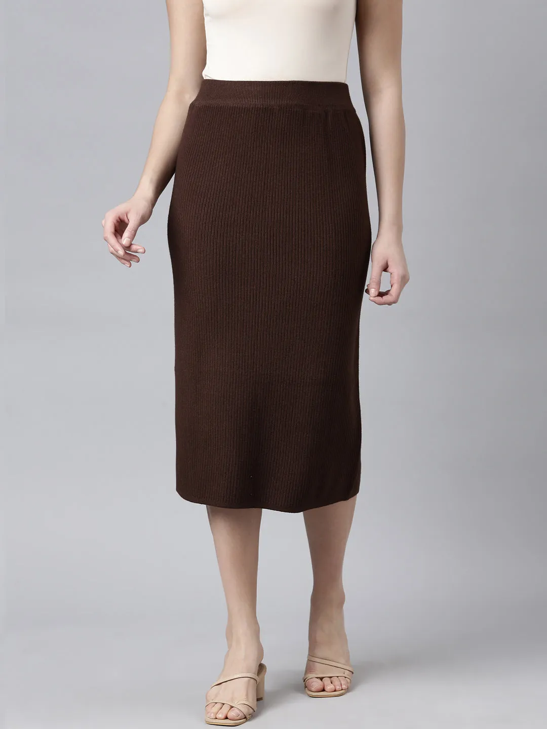 Affordable Fashion Women's Self Design Brown Straight Midi Skirt