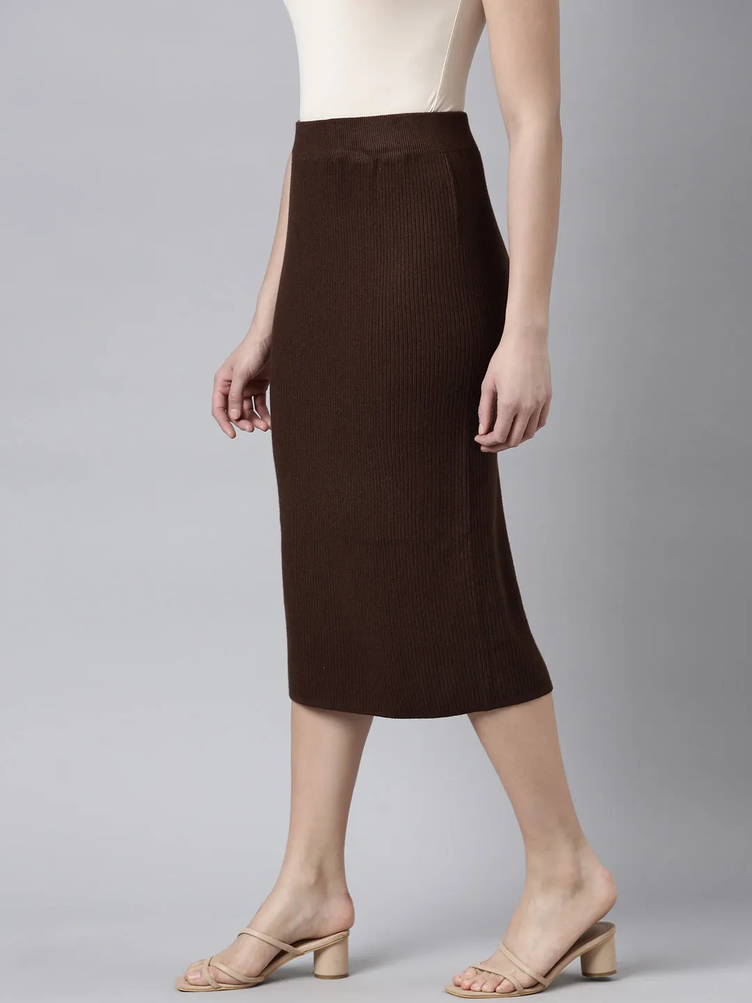 Women's Self Design Brown Straight Midi Skirt Subtle Detail High Street Chic