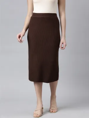 Affordable Fashion Women's Self Design Brown Straight Midi Skirt