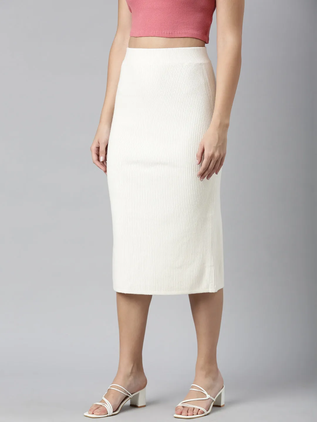 Romantic Vibe Shirred Back Women's Self Design Cream Straight Midi Skirt