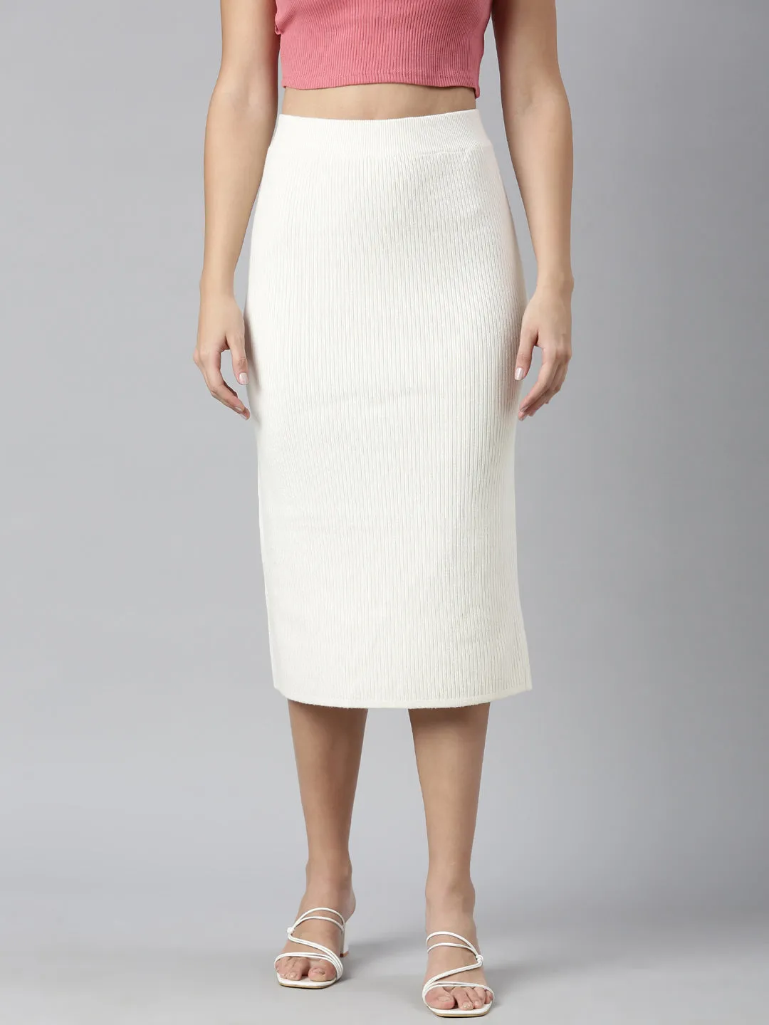 Chic Appeal Diagonal Slit Women's Self Design Cream Straight Midi Skirt