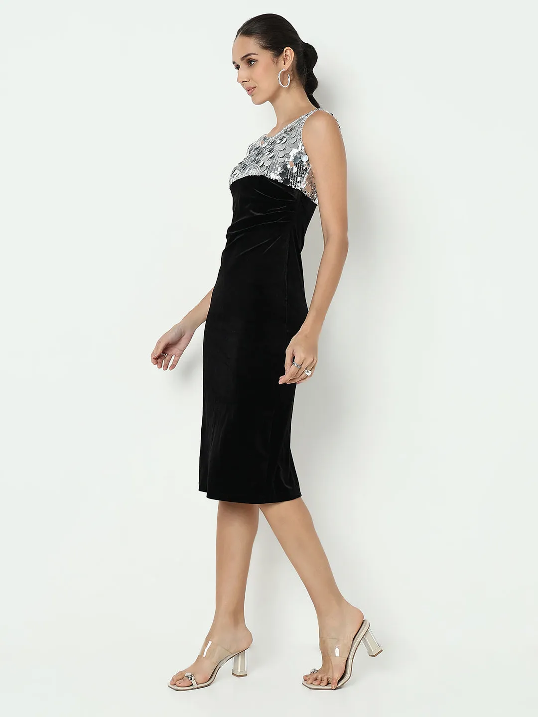 All Daywear Women's Sequined Silver Velvet Bodycon Dress with Back Slit