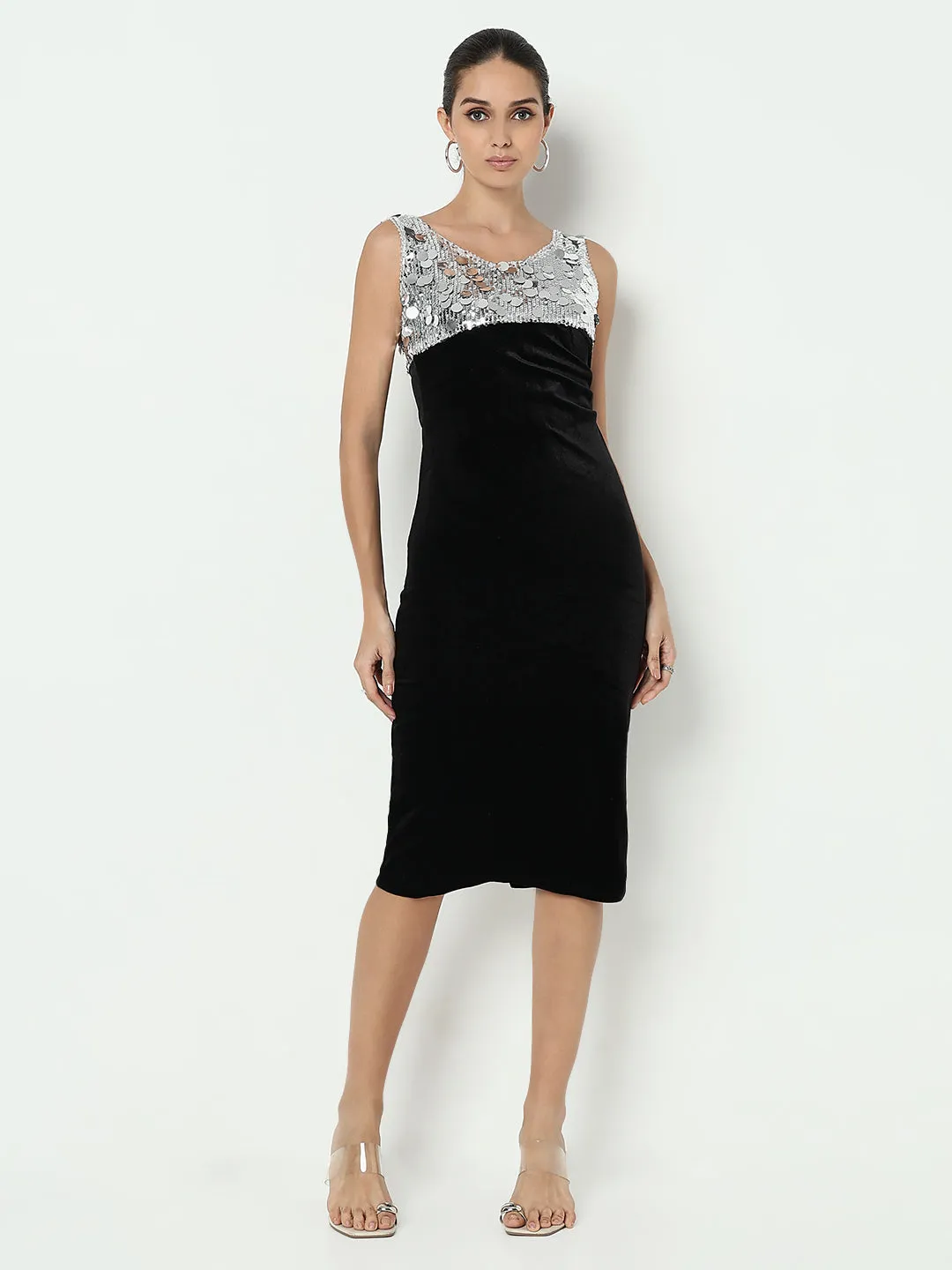 Women's Sequined Silver Velvet Bodycon Dress with Back Slit Urban Look