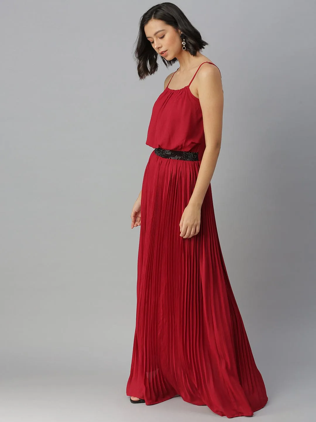 Women's Shoulder Straps Embellished Maxi Maroon Dress Timeless Energy Comfortable Style