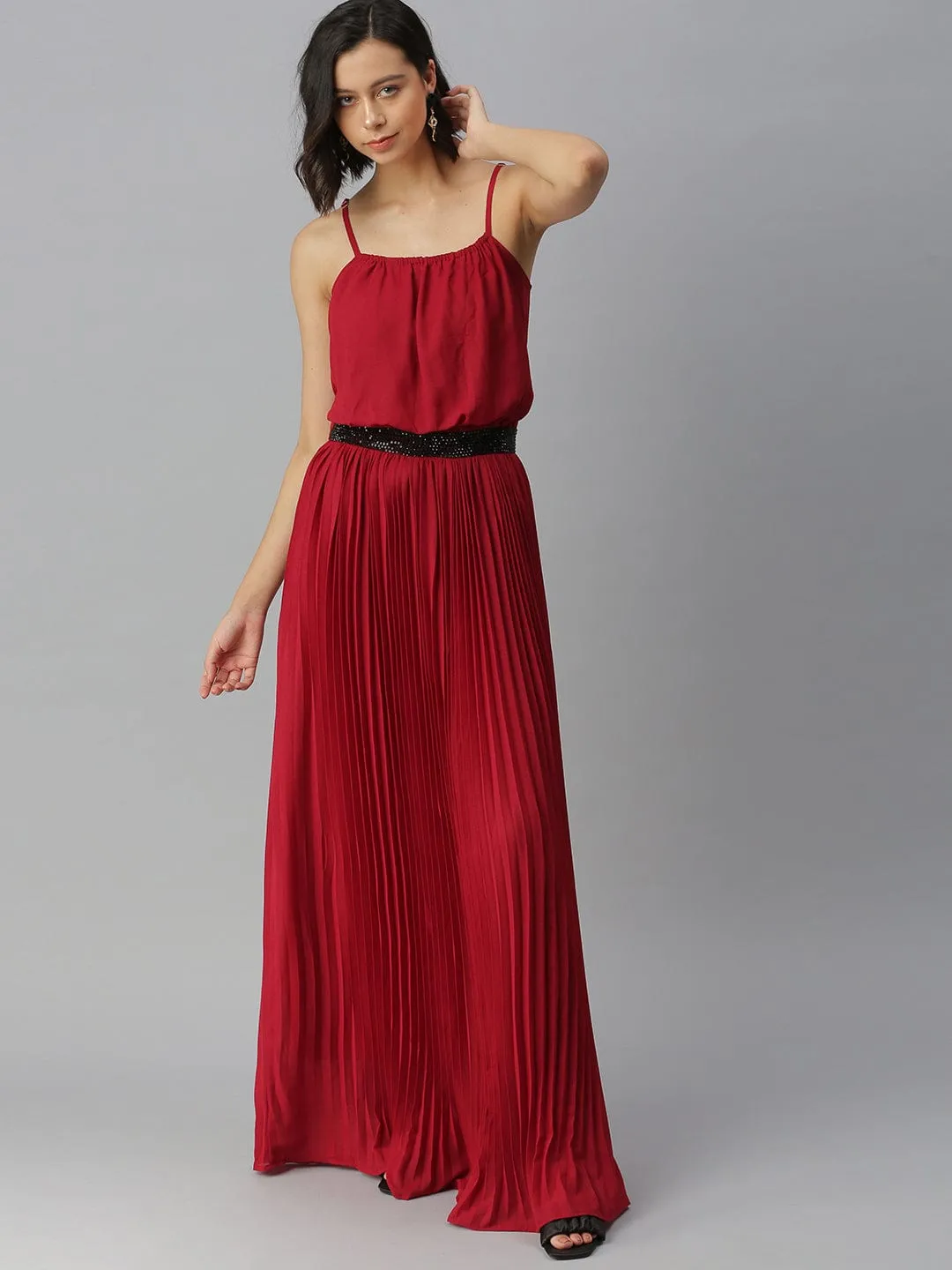 Women's Shoulder Straps Embellished Maxi Maroon Dress High-Neck