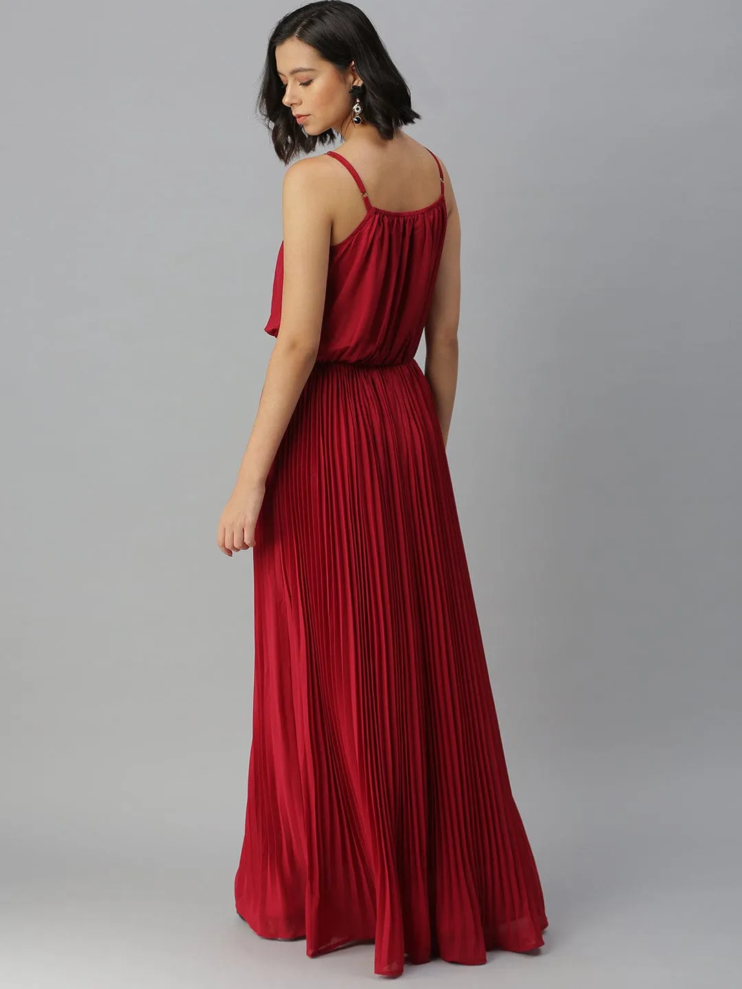 Women's Shoulder Straps Embellished Maxi Maroon Dress Romantic Style