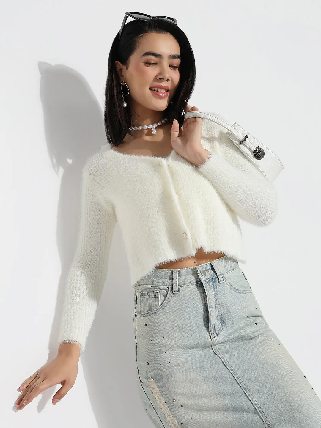 ethical Women's Shoulder Straps Off White Solid Crop Tank Top with Shrug