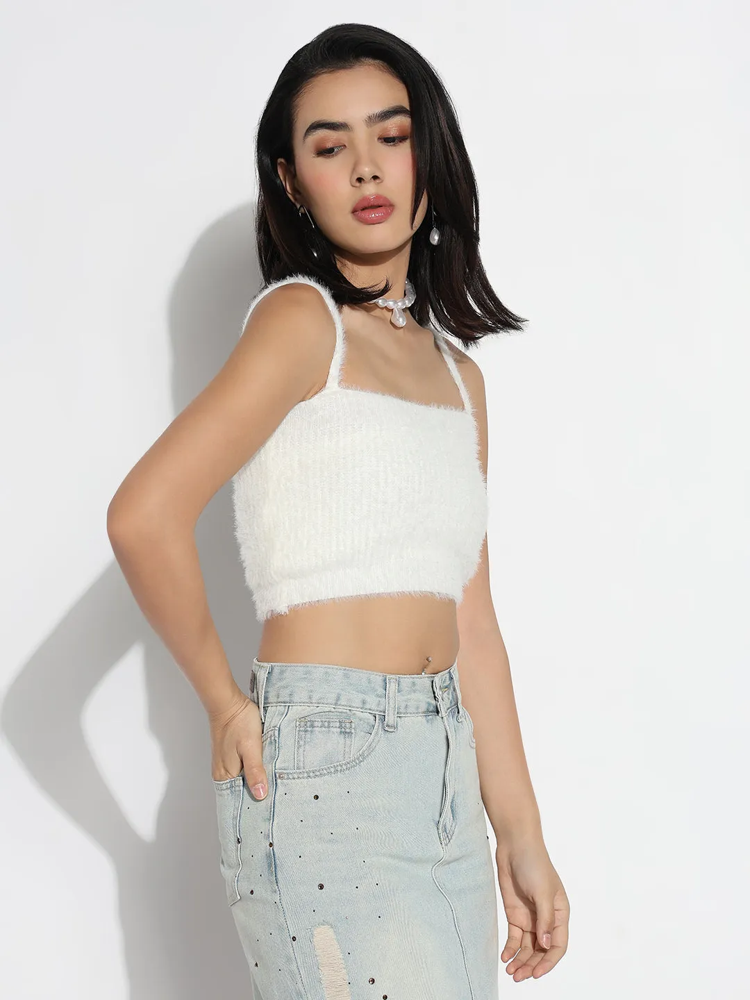 Women's Shoulder Straps Off White Solid Crop Tank Top with Shrug Chilly Weather Style Sporty Comfort Fit