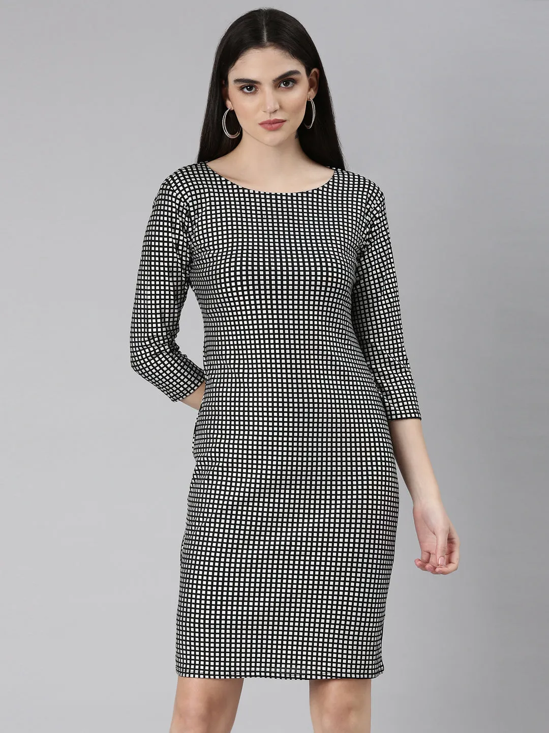 Women's Silver Checked Cut-Out Detailed Bodycon Dress Trend Fit