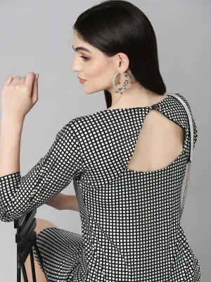 Women's Silver Checked Cut-Out Detailed Bodycon Dress Soft and Stylish Formal Outfit