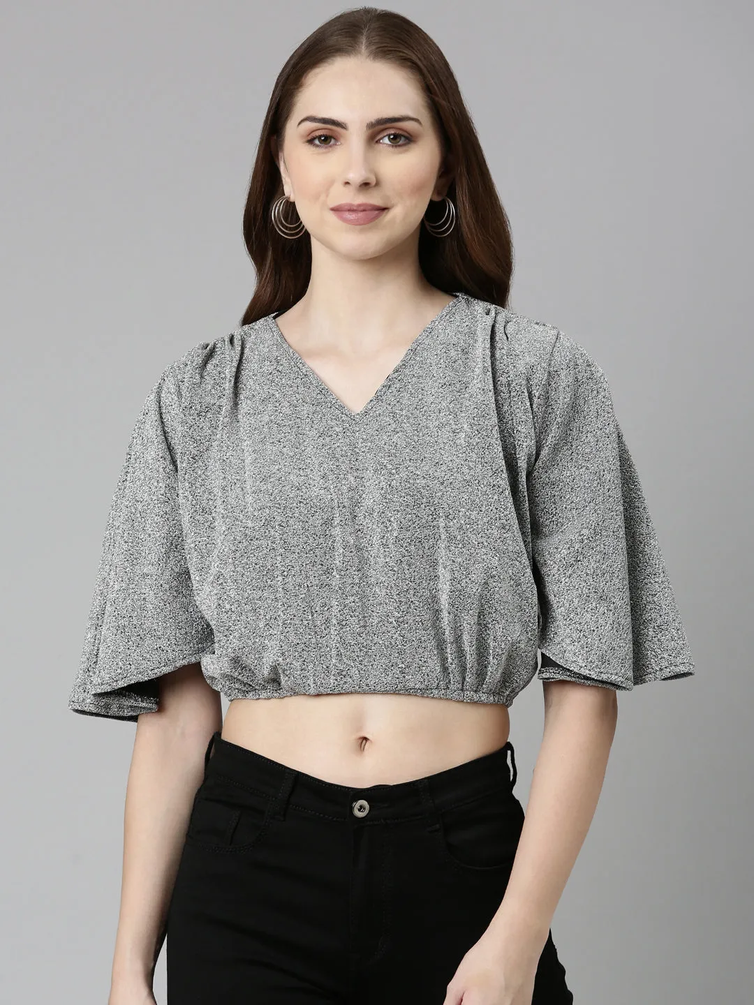 Women's Silver V-Neck Extended Sleeves Blouson Crop Top Quick Dry Fit Comfy Pieces