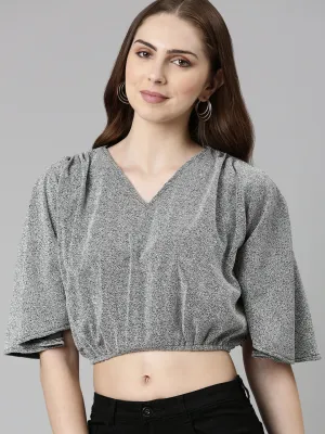 Perfect Wear Relax Fit Design Women's Silver V-Neck Extended Sleeves Blouson Crop Top