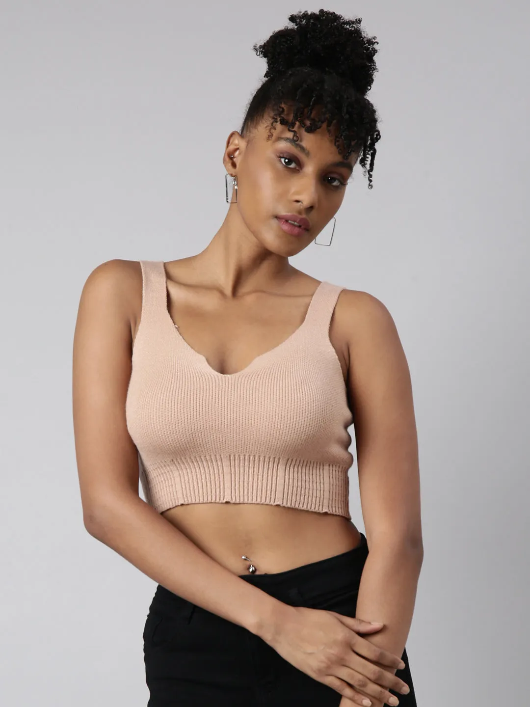 Women's Solid Beige Bralette Crop Top Smart Fit