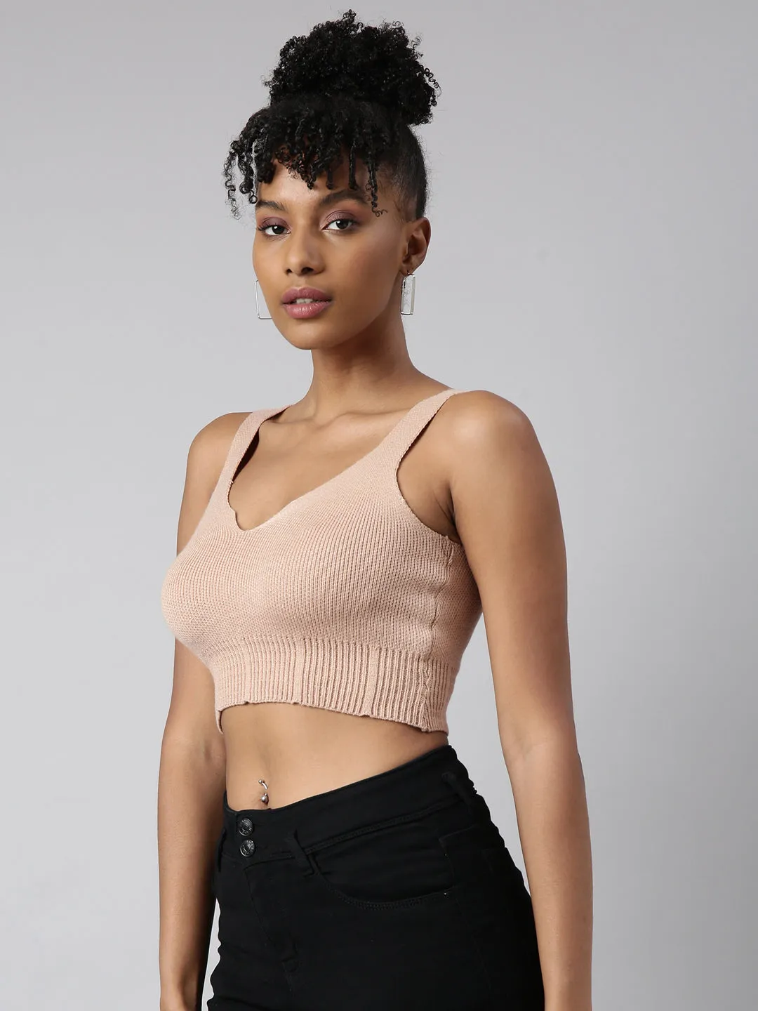 Women's Solid Beige Bralette Crop Top Flexible Comfort