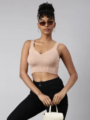 Set In Sleeve Casual Ease Women's Solid Beige Bralette Crop Top