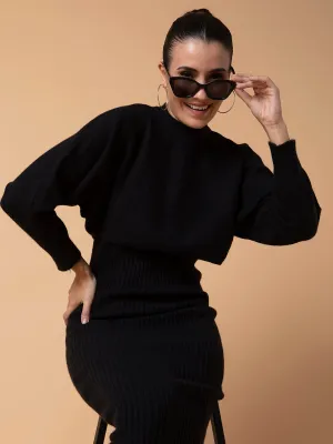 Subtle Lines Women's Solid Black Bodycon Dress with Top